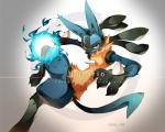3_fingers 3_toes ambiguous_gender anthro aura_sphere black_body black_fur blue_body blue_fur canid canine claws english_text feet fingers fur generation_4_pokemon gradient_background hi_res hide448 lucario mammal nintendo pokemon pokemon_(species) pokemon_move red_eyes semi-anthro simple_background solo spikes text toes white_background yellow_body yellow_fur