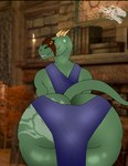anthro big_butt blue_clothing brown_stripes butt clothing female green_body looking_at_viewer looking_back orange_eyes smile solo stripes dino1fan101 microsoft the_elder_scrolls argonian humanoid reptile scalie hi_res
