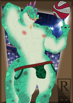 abs anthro areola ball barbell_piercing basketball_(ball) biceps bulge clothed clothing facial_piercing genitals green_body green_scales hand_behind_head humanoid_genitalia humanoid_penis jockstrap jockstrap_only male muscular muscular_anthro muscular_male neck_piercing nipple_piercing nipples nose_piercing nose_ring obliques pecs penis piercing pink_nipples ring_piercing scales septum_piercing septum_ring smile solo standing tail tongue tongue_out tongue_piercing topless underwear underwear_only v-cut white_body white_scales yellow_sclera landixartwork goat_(movie) sony_corporation sony_pictures modo_olachenko komodo_dragon lizard monitor_lizard reptile scalie absurd_res hi_res