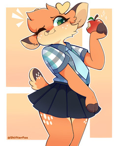 anthro antlers apple blush bottomwear clothing cloven_hooves collared_shirt eating emanata eyelashes female female_anthro food freckled_face freckles fruit fur hair holding_food holding_object hooves horn long_eyelashes markings necktie one_eye_closed plant shirt skirt solo spot_freckles spots spotted_face spotted_legs spotted_markings spotted_tail spotted_thighs tail tail_markings topwear tuft shifterfox maple_(jayrnski) deer mammal 2026 digital_media_(artwork) hi_res portrait three-quarter_portrait nonbinary_(lore)