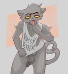 anthro balls bottomless clothed clothing cunnilingus_gesture erection eye_bags fangs freckles front_view fur genitals gesture green_eyes grey_body grey_fur humanoid_genitalia humanoid_penis looking_at_viewer male open_mouth partially_clothed penis pubes shirt simple_background solo suggestive suggestive_gesture tank_top teeth tongue tongue_out topwear yellow_sclera kaboozey andy_(kaboozey) 2024 hi_res