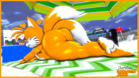 anthro beach beach_chair beach_towel beach_umbrella bedroom_eyes beverage beverage_bottle big_butt boombox border bottle butt butt_jiggle container cooler crossed_legs feet freckles glistening glistening_body glistening_butt glistening_legs glistening_thighs heart_symbol jiggling looking_at_viewer looking_back lying male motion_lines narrowed_eyes on_front palm_tree parasol plant seductive smile smiling_at_viewer soda soda_bottle soles solo thick_thighs toes towel tree yellow_border dj_ballistic5 sega sonic_the_hedgehog_(series) miles_prower canid canine fox mammal red_fox true_fox 16:9 3d_(artwork) digital_media_(artwork) hi_res widescreen