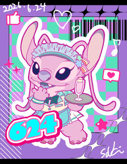 4_fingers 4_toes abstract_background antennae_(anatomy) antennae_markings anthro apron blue_eyes blue_mouth blue_tongue bow_ribbon bracelet chest_markings claws clothed clothing dessert emoji eyelashes feet female finger_claws fingers food gesture hand_gesture headgear headwear heart_symbol holding_tray ice_cream ice_cream_sundae jewelry long_antennae markings musical_note musical_symbol open_mouth open_smile outline pink_body purple_claws purple_finger_claws purple_markings purple_nose smile solo standing star_symbol symbol thumbs_up toes tongue waiter waitress_outfit white_markings white_outline m_ssk626 disney lilo_and_stitch angel_(lilo_and_stitch) alien experiment_(lilo_and_stitch) 2026 dated digital_drawing_(artwork) digital_media_(artwork) hi_res signature