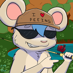 anthro bodily_fluids clothing detailed_background eyewear fingers fishing fishing_rod fur genital_fluids gesture hair hand_gesture hat headgear headwear male open_mouth outside plant pointing pond smile solo standing sunglasses teeth text tree water dabblefox webfishing mammal mouse murid murine rodent 1:1 digital_media_(artwork) english_text hi_res