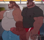 abs anthro anthro_on_anthro arm_hair balls barazoku beard belly biceps big_balls big_belly big_bulge big_penis biped bodily_fluids body_hair bottomwear brown_body brown_fur bulge clothed clothing duo erection eyebrows facial_hair foreskin fully_clothed fur genital_fluids genitals glans handjob holding_object horn humanoid_genitalia humanoid_penis infinite_genital_fluids infinite_precum inside interspecies jewelry male male/male moan musclegut muscular muscular_anthro muscular_male navel necklace nipple_outline nipples open_mouth pants pecs penile penis penis_poking_out penis_through_leghole precum public public_sex retracting_foreskin sex shirt shoulder_hair smile standing subway tail tank_top teeth tight_clothing tight_shirt tight_topwear tongue tongue_out topwear tusks vein veiny_penis darksideofdiscovery sound_warning broody uthor_(darksideofdiscovery) bovid bovine cattle mammal suid suina sus_(pig) wild_boar 2023 2d_animation animated digital_media_(artwork) long_playtime loop sound webm