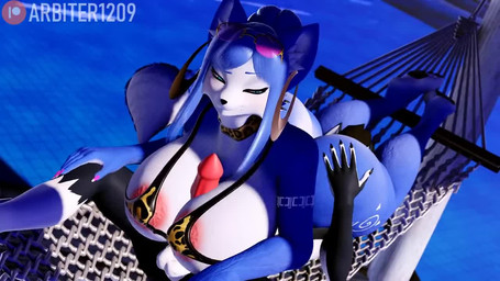 69_position anthro areola areola_slip balls bedroom_eyes bikini bikini_top blue_body blue_eyes blue_fur breast_play breasts claws clothing duo ear_piercing ear_ring eyewear eyewear_on_head female finger_claws fur genitals happy happy_sex male male/female narrowed_eyes nipples oral pawpads penis piercing ring_piercing seductive sex swimwear tail titfuck two-piece_swimsuit arbiter1209 dogzeela_(modeler) nintendo star_fox krystal_(star_fox) takeshi_(furrytakeshi) canid canine fox mammal 16:9 3d_(artwork) 3d_animation animated digital_media_(artwork) high_framerate no_sound short_playtime video widescreen