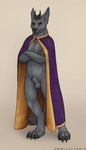 animal_genitalia anthro balls barefoot brown_claws brown_horn claws cloak cloak_only clothing crossed_arms feet fingers fully_sheathed fur genitals grey_body grey_fur horn looking_at_viewer male mostly_nude purple_cloak purple_clothing sheath simple_background solo standing tail toes rmmlusitania revaramek_the_resplendent asterbury canid canine hybrid mammal digital_media_(artwork) hi_res