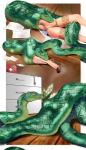 abdominal_bulge big_breasts breasts captured clothing comic detailed_background duo female feral footwear head_first high_heels human human_prey mammal nurse oral_vore reptile scalie shoes snake swallowing sweetprank vore