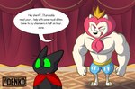 anthro duo male male/male muscular simple_background size_difference text not_denko cartoon_network mao_mao:_heroes_of_pure_heart king_snugglemagne_xxv sheriff_mao_mao_mao domestic_cat felid feline felis humanoid lion mammal pantherine english_text