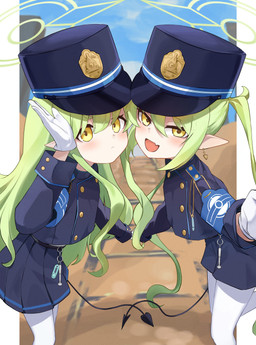 blue_clothing blue_hat blue_headwear bottomwear clothing cute_fangs fangs female female_humanoid gloves green_hair hair halo handwear hat headgear headwear heart_tail legwear open_mouth pantyhose pointy_ears prick_ears shorts skirt tail teeth whistle_(object) white_clothing white_gloves white_handwear white_legwear white_pantyhose yellow_eyes young young_female young_humanoid chankuro blue_archive hikari_(blue_archive) nozomi_(blue_archive) demon demon_humanoid humanoid tailed_humanoid absurd_res hi_res