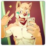 1:1 2013 anthro apple_inc. biceps biped canid canine canis cellphone clothed clothing devil_horns_(gesture) domestic_dog electronics fangs fur gesture hair half-length_portrait hand_gesture holding_object holding_phone iphone looking_at_viewer male mammal mirror mirror_selfie muscular muscular_anthro muscular_male nipples pecs phone portrait pose seaside_(artist) selfie shiba_inu smartphone solo spitz standing star teeth tongue tongue_out topless ying_(seaside)