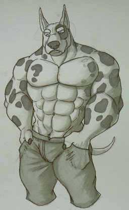 abs anthro bottomwear clothed clothing front_view hand_in_pocket male male_anthro muscular muscular_anthro muscular_male navel pants pecs pockets solo spotted_arms standing teeth topless hufnaar canid canine canis domestic_dog mammal hi_res monochrome