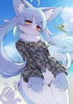 :3 ahoge anthro anthro_focus blue_body blue_fur blue_hair blush bottomless bottomless_anthro bottomless_female breasts camo camo_clothing camo_print clothed clothing crossgender female female_anthro female_focus fluffy forked_tail fur group hair heterochromia inner_ear_fluff jacket kemono long_hair low-angle_view mtf_crossgender neck_tuft pattern_clothing red_eyes small_breasts solo_focus tail topwear trio tuft unusual_anatomy unusual_tail whiskers white_body white_fur yellow_eyes ransu_33 japan_air_self-defense_force kameron_(jasdf) merodon_(jasdf) omaneko_(jasdf) domestic_cat felid feline felis mammal 2023 digital_media_(artwork) hi_res portrait three-quarter_portrait male_(lore)