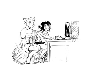 anthro ball bottomwear chair clothing computer desk duo electronics exercise_ball eye_bags eyewear female furniture glasses male on_chair shorts sitting sitting_on_ball sitting_on_chair table worried hladilnik daniel_(hladilnik) marylin_(hladilnik) american_opossum canid canine canis mammal marsupial virginia_opossum wolf 2026 black_and_white hi_res monochrome