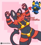 anthro areola areola_slip bikini black_body breasts camel_toe clothing female fur heart_symbol medium_breasts paws pokemorph red_body simple_background solo spread_legs spreading swimwear tail text two-piece_swimsuit under_boob wide_hips yellow_eyes goombato_dibujos golden_week nintendo pokemon fan_character goombato_umbreon domestic_cat eeveelution felid feline felis generation_2_pokemon generation_7_pokemon litten mammal pokemon_(species) umbreon english_text hi_res