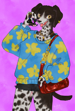 anthro blue_clothing bottomwear claws clothed clothing colored_nails denim denim_bottomwear denim_clothing denim_shorts digit_ring ear_piercing ear_ring fangs female floppy_ears fur gold_(metal) gold_tooth hotpants jewelry looking_at_viewer male markings nails necklace open_mouth pawpads paws piercing pink_background purse ring ring_piercing shorts simple_background smile solo spots spotted_body sweater teeth tongue tongue_out topwear white_body white_fur yellow_eyes kyokyota canid canine canis domestic_dog german_shorthaired_pointer mammal 2025 digital_media_(artwork) hi_res