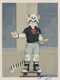 anthro blue_eyes bottomwear chalkboard clothing eyewear footwear fur fur_markings glasses hair male markings notebook school shirt shoes shorts solo striped_body striped_fur stripes topwear white_body white_fur young young_anthro young_male ainro elysium_above guang_yuan felid mammal pantherine tiger 3:4 hi_res