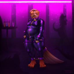 ambiguous_gender anthro bdsm biped bulge clothing collar collar_tag cuffs_(clothing) detailed_bulge group latex latex_clothing latex_skinsuit male male_focus markings muzzle_(object) muzzled neon_lights nightclub petplay roleplay skinsuit solo_focus standing tight_clothing pepperpkmon88 rye_owl_(character) avian bird owl 1:1 absurd_res hi_res