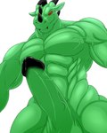 4:5 abrahamsillo abs anthro balls biceps big_muscles bodily_fluids casual_erection claws clothed clothing dragon erection genital_fluids genitals green_body green_scales hi_res horn lizard looking_at_viewer male manly muscular muscular_anthro muscular_male mythological_creature mythological_scalie mythology nude pecs penis precum proud red_eyes reptile scales scalie smile solo teeth topless varanis_blackclaw vein