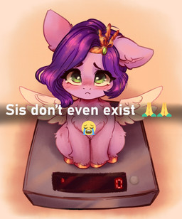 blush bodily_fluids caption chest_tuft emoji female feral fur green_eyes hair headpiece hooves pink_body pink_fur praying_hands purple_hair sad scales sitting solo tears text tuft wings polnocnykot hasbro mlp_g5 my_little_pony mythology pipp_petals_(mlp) equid equine mammal mythological_creature mythological_equine pegasus absurd_res english_text hi_res meme