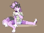 ageplay anthro black_body black_fur brown_background clean_diaper clothed clothing curious diaper female fluffy fluffy_tail fur hand_on_ground holding_object onesie open_onesie pawpads purple_body purple_eyes purple_fur roleplay simple_background sippy_cup sitting sitting_on_another sitting_on_ground solo surprised_expression tail wearing_diaper wetness_indicator white_body white_fur fallenstarart canid canine canis mammal wolf 2019 4:3