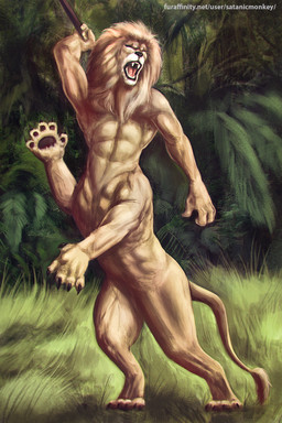 black_nose brown_pawpads eyes_closed fangs fur holding_melee_weapon holding_object holding_polearm holding_spear holding_weapon male mane melee_weapon muscular muscular_male muscular_taur open_mouth outside pawpads plant polearm quadruped shrub solo spear tail tail_tuft tan_body tan_fur tan_mane teeth text tuft weapon satanic_monkey felid lion mammal pantherine taur hi_res url