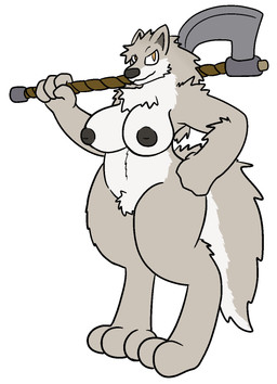 anthro areola axe battle_axe belly biped black_areola black_nipples breasts female fur grey_body grey_fur looking_at_viewer melee_weapon nipples nude puffy_nipples simple_background smile solo standing weapon white_background trout_(artist) canid canine canis mammal wolf 2016 aliasing digital_media_(artwork) hi_res