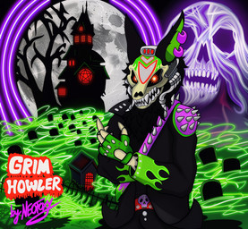 alternative_fashion anthro bone creepy_face disembodied_hand ear_piercing engine fangs fur ghost_hand glowing glowing_eyes goth grave_digger green_body green_fur grim_howler haunted_house horrifying_face male piercing racer red_eyes scary skull skull_head skull_symbol solo sport teeth tombstone v8 wrap neofox1 ghost spirit absurd_res hi_res