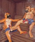 age_difference anthro anthro_on_anthro bodily_fluids canid canine canis catnip_(pupcatnip) domestic_dog dripping duo exhibitionism facial_hair father_(lore) father_and_child_(lore) father_and_son_(lore) feet foot_fetish foot_on_crotch foot_on_penis foot_play footjob genital_fluids genitals german_shepherd herding_dog hi_res hindpaw humanoid_genitalia humanoid_penis incest_(lore) male male/male mammal mastiff mature_male molosser mustache nipples older_male parent_(lore) parent_and_child_(lore) parent_and_son_(lore) pastoral_dog paws penis precum precum_drip public pupcatnip sauna sauna_bench sex smile son_(lore) sweat travis_(pupcatnip) voyeur younger_male