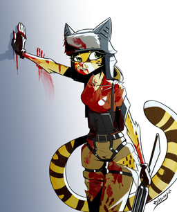 anthro armor belt blood blood_in_mouth blood_on_clothing blood_on_face blood_splatter bodily_fluids bottomwear bulletproof_vest clothed clothed_anthro clothing female gloves gun hand_print handwear headgear helmet long_tail looking_at_viewer pants ranged_weapon red_clothing red_shirt red_topwear shirt solo tail topwear vest weapon gatonejo felid feline leopardus mammal ocelot absurd_res hi_res