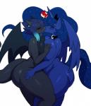2018 absurd_res anthro anthrofied belly_to_belly big_breasts big_tail black_body black_scales blue_body blue_fur blue_hair blush breast_squish breasts breasts_frottage collar crown curvy_figure digital_media_(artwork) duo equid equine eyeliner eyes_closed fan_character female female/female friendship_is_magic fur hair hand_on_breast hand_on_hip hasbro headgear heart_symbol hi_res horn kiss_on_lips kissing long_tail makeup mammal mostly_nude my_little_pony mythological_creature mythological_equine mythology nude pictographics princess_luna_(mlp) royalty scales scalie simple_background speech_bubble squish sssonic2 tail thick_thighs voluptuous white_background winged_unicorn wings