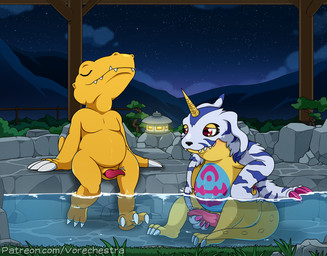 animal_genitalia animal_penis animal_skin bathing belly casual_exposure claws cloud detailed_background duo erection eyes_closed feet feral foot_in_water genital_slit genitals heart_eyes heart_symbol holding_penis horn hot_spring lamp lantern looking_at_another looking_at_genitalia looking_at_partner looking_at_penis looking_pleasured male male/male masturbation mountain night nude orange_body outside partially_submerged penile penile_masturbation penis pink_penis pose presenting presenting_penis proud red_eyes rock short_tail sky slightly_chubby spread_legs spreading star starry_sky tail tapering_penis tapering_tail text water waterline_view yellow_body vorechestra bandai_namco digimon agumon digimon_(species) gabumon scalie 2023 shaded url watermark