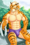 abs anthro biceps big_muscles biped black_body black_fur bulge claws clothed clothing cloud fangs fur looking_at_viewer male markings muscular muscular_anthro muscular_male navel nipples orange_body orange_fur outside pecs pink_nipples pink_nose pose red_eyes sitting sky solo stripes swimming_trunks swimwear tail teeth topless towel kazat felid mammal pantherine tiger 2012 2:3