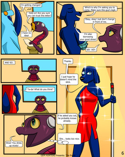 anthro blind clothing cochlear_implant_processor deaf disability dress female letter overalls shirt text topwear undressing undressing_self walking_stick window baristagamerproductions ada_(gem_hunters) queenie_(gem_hunters) canid canine mammal reptile scalie snake 4:5 absurd_res comic english_text hi_res shaded