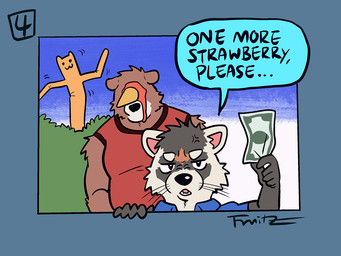 angry anthro black_markings black_nose blue_clothing blue_shirt blue_speech_bubble blue_topwear brown_body brown_fur clothing cross-popping_vein dessert duo emoticon food forehead_mark fur furrowed_brow gradient_background humor ice_cream ice_cream_cone ice_cream_on_face looking_at_viewer male male/male markings money motion_lines numbered_tag plant red_clothing red_shirt red_topwear round_body shirt shrub simple_background simple_coloring size_difference sky strawberry_ice_cream text topwear tube_man unimpressed whiskers white_body white_fur fruitz bear domestic_ferret mammal mustelid musteline true_musteline weasel 4:3 digital_media_(artwork)