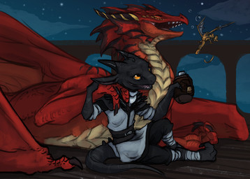 alcohol ambiguous_gender anthro bandage beverage black_body black_scales bubble claws clothed clothing detailed_background digitigrade drunk drunk_bubble duo_focus eyes_closed feral group horn larger_ambiguous larger_feral machine membrane_(anatomy) membranous_wings night open_mouth orange_eyes red_body red_scales scales sharp_teeth size_difference smaller_ambiguous smaller_anthro substance_intoxication tail teeth trio wings flamespitter mythology dragon kobold mythological_creature mythological_scalie robot scalie