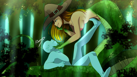 apode bedroom_eyes clothing coiling duo female forest forest_background genitals green_body green_eyes hair hat headgear headwear holding_chin leaning leaning_forward legless male male/female multicolored_hair narrowed_eyes nature nature_background nipples pink_nipples plant seductive serpentine split_form tree vulva witch_hat keniahoward18 alechia ych_(character) draconcopode humanoid lamia reptile scalie snake 16:9 widescreen