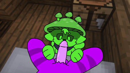 anthro balls collar duo fungus genitals green_body green_eyes male male/male markings mushroom_cap penis penis_sniffing purple_balls purple_body sniffing striped_markings stripes mushroomwolf microsoft minecraft mojang xbox_game_studios luppy_(mushroomwolf) lycori_(mushroomwolf) elemental_creature fungi_fauna 16:9 animated widescreen