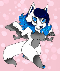 abstract_background anthro blue_eyes blue_hair blue_nose cheek_tuft chibi closed_smile dipstick_tail eyelashes facial_tuft feathered_wings feathers featureless_crotch female fur glistening glistening_eyes grey_body grey_fur grey_wings hair long_hair looking_at_viewer markings mouth_closed navel nude smile solo tail tail_markings tuft white_body white_fur white_wings wings tiggybloom mew_(meww0lf) canid mammal 2018 hi_res