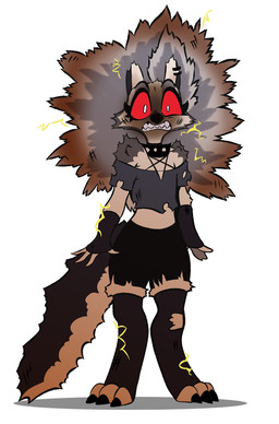 anthro bottomwear clenched_teeth clothing crop_top electrocuted female fingerless_gloves fluffy fluffy_tail fur gloves grey_body grey_fur hair handwear legwear multicolored_body multicolored_fur red_sclera shirt shorts solo tail teeth thigh_highs topwear torn_clothing two_tone_body two_tone_fur white_body white_eyes white_fur white_hair anonymous_artist hellaverse helluva_boss mythology loona_(helluva_boss) canid canid_demon canine demon hellhound mammal mythological_canine mythological_creature hi_res