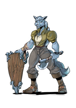 anthro axe battle_axe blue_eyes boots bracelet clothed clothing female footwear fur grey_body grey_fur grey_hair grey_nose hair jewelry looking_at_viewer melee_weapon muscular muscular_anthro muscular_female necklace shield shoes smile solo standing weapon wrapping doedog canid canine canis mammal wolf hi_res