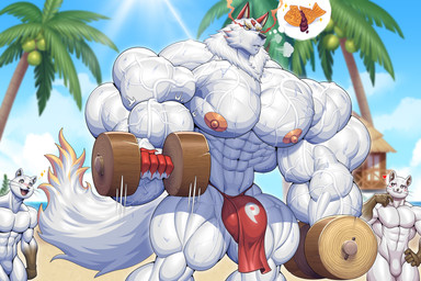 abs anthro bottomwear clothed clothing exercise group loincloth loincloth_only male muscular muscular_anthro muscular_male nipples pecs pink_nipples topless trio vein veiny_muscles weightlifting white_body workout wolfiecanem yamagami_(kusunoki's_garden_of_gods) canid canine canis mammal wolf 2026 absurd_res hi_res