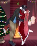 accessory anthro bell blush bottomwear breasts christmas_clothing christmas_lights christmas_tree cleavage clothed clothing cottage curtains dress duo eyes_closed female fire fireplace fluffy fluffy_tail fur hair hair_accessory hand_on_head hand_on_hip holidays holly_(plant) jacket kissing long_hair long_nails long_tail male male/female multicolored_body multicolored_fur ornament pants pink_nose plant raised_leg red_clothing red_dress tail topwear tree white_body white_fur karina-g christmas artemis_tsukino lycos_ryugen canid canine canis domestic_cat felid feline felis mammal wolf 4:5 absurd_res hi_res