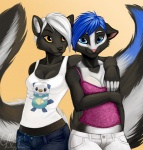 anthro blue_eyes blue_hair breasts duo female hair looking_at_viewer mermade tail white_hair magpie_(artist) nintendo pokemon streaks_skunk generation_5_pokemon mammal mephitid oshawott pokemon_(species) skunk striped_skunk