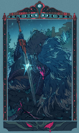 anthro armor blood bodily_fluids cape clothing crystal framed_picture kneeling male melee_weapon solo sword tears_of_pain weapon anontloudeac elden_ring fromsoftware blaidd_(elden_ring) canid canine canis mammal wolf absurd_res hi_res