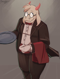 anthro biped bottomwear bow_tie butler clothed clothing collared_shirt dress_shirt eyewear fully_clothed fur glasses humanoid_hands male overweight overweight_male pants shirt simple_background solo suit suit_and_tie suit_jacket topwear white_body white_fur mikrogoat deltarune undertale_(series) ralsei bovid caprine darkner goat mammal 2021 hi_res