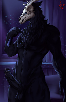 5_fingers anthro antlers balls bedroom black_body black_fur black_penis blue_body blue_fur bodily_fluids bone claws clothing deer_antlers dripping erection finger_claws fingers fire_eyes foreskin fur genital_fluids genitals glowing glowing_eyes horn humanoid_genitalia humanoid_hands humanoid_penis leaking_precum light looking_at_viewer looking_down magic magic_user male moonlight mostly_nude muscular necktie necktie_only night nude pecs penis precum precum_drip skull skull_head solo sparkles star teeth undressing vein veiny_penis deadzh3r american_mythology indigenous_north_american_mythology mythology north_american_mythology khadath_hjortsberg cervine cryptid deer mammal wendigo absurd_res hi_res