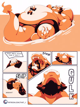 accident accidental_vore beard belly bottomwear claws clothing entrapment facial_hair feet male micro navel obese obese_male oblivious open_mouth overweight overweight_male pool pool_float relaxing shorts size_difference swallowing text toe_claws vore x-ray_view yawn that_j nintendo pokemon charizard generation_1_pokemon pokemon_(species) 3:4 absurd_res comic english_text hi_res