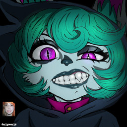 clenched_teeth eyelashes fangs female green_hair grin hair half_smile hood_up lips lipstick makeup smile smirk solo teeth fuzymuze league_of_legends riot_games tencent vex_(lol) humanoid yordle 1:1 absurd_res hi_res huge_filesize portrait