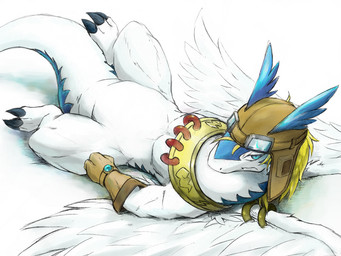 anthro aviator_cap blonde_hair clothing eyewear feathers gloves goggles hair handwear jewelry kemono lying male necklace on_back solo tail thick_tail wings hot_dog_wolf legendz mythology shiron dragon mythological_creature mythological_scalie scalie windragon 4:3 digital_media_(artwork)